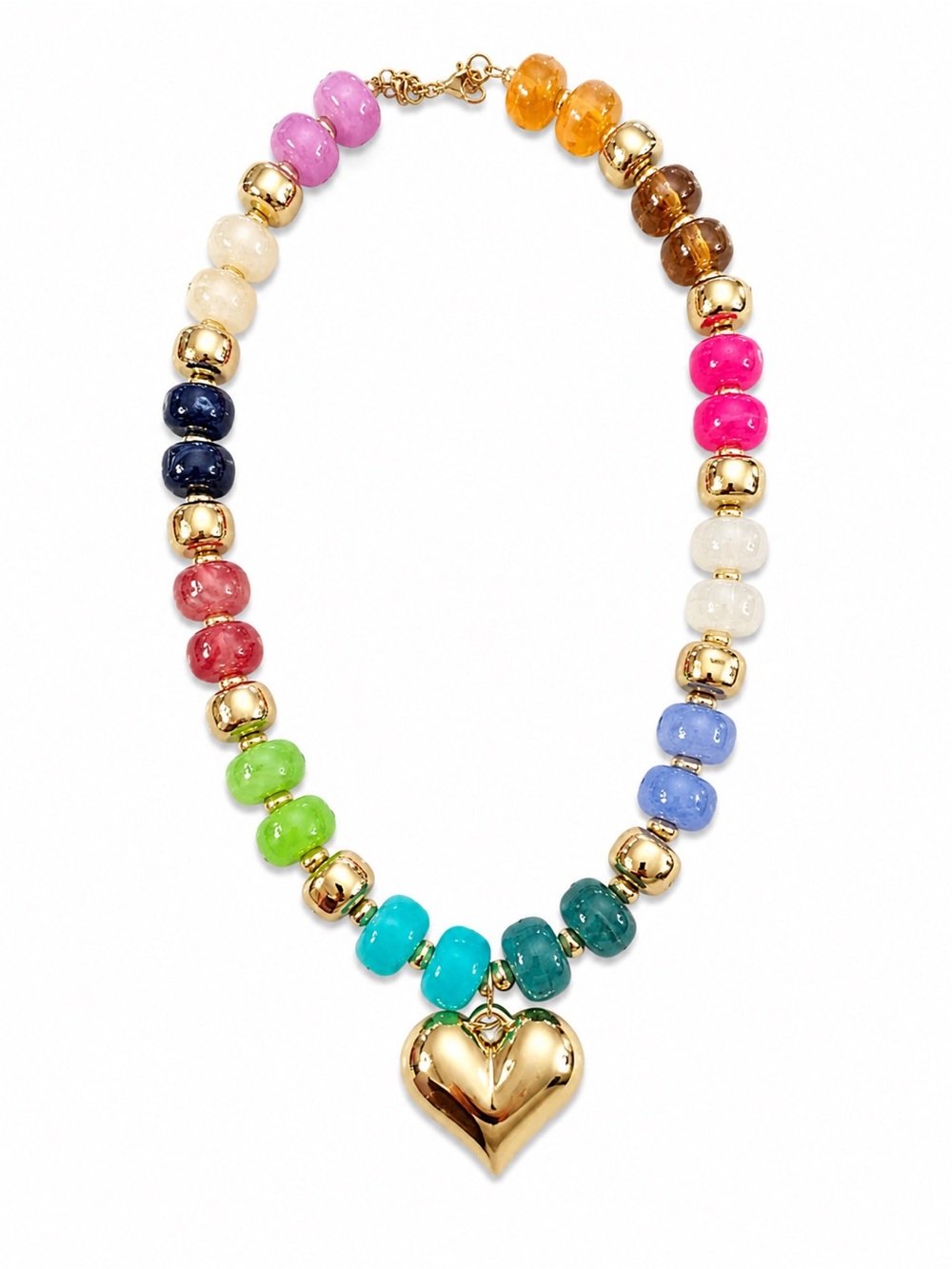 NWT Colorful Resin Beaded Heart Pendant Necklace Gold Tone